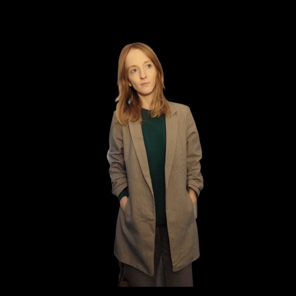 Small petite mid-length blazer.  Looks Grey, but it has black and white in it.